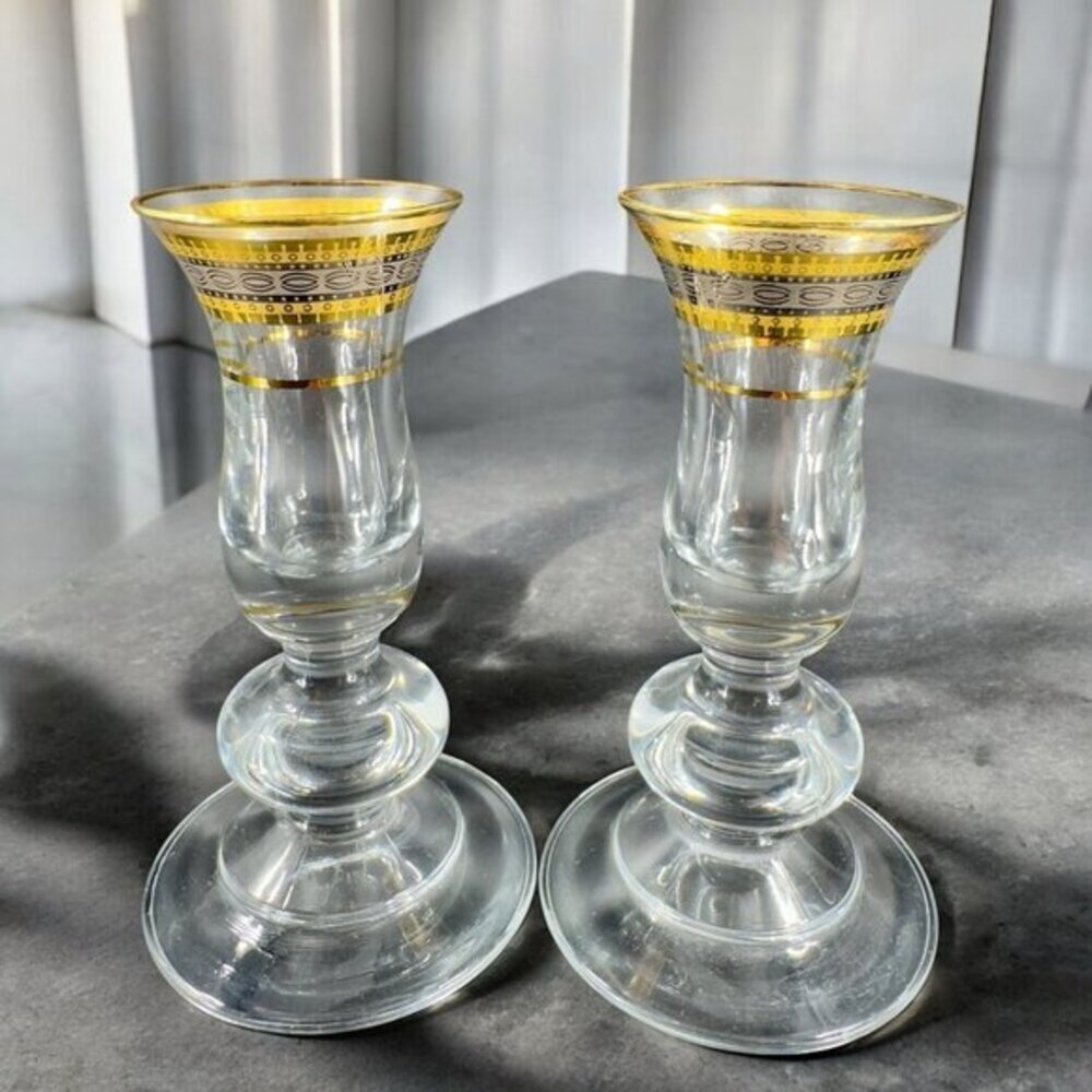 Vintage Glass Candlestick Holder Set 2 Clear Crystal With Gold Painted Decor Top